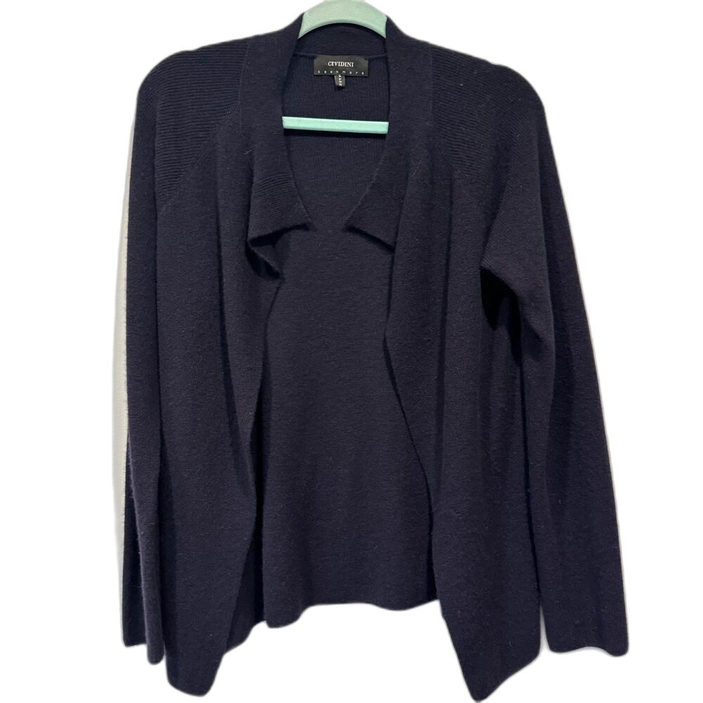 Cividini Cardigan Sweater 100% Cashmere Navy Open Front Asymmetrical Women US 10